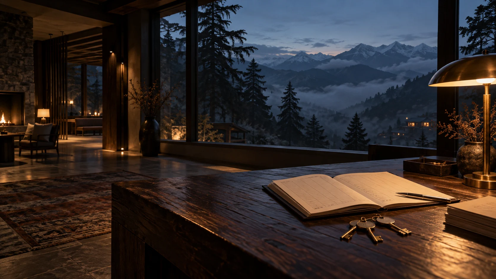 Illustrative hospitality scene: a booking ledger, brass keys, and a mountain view