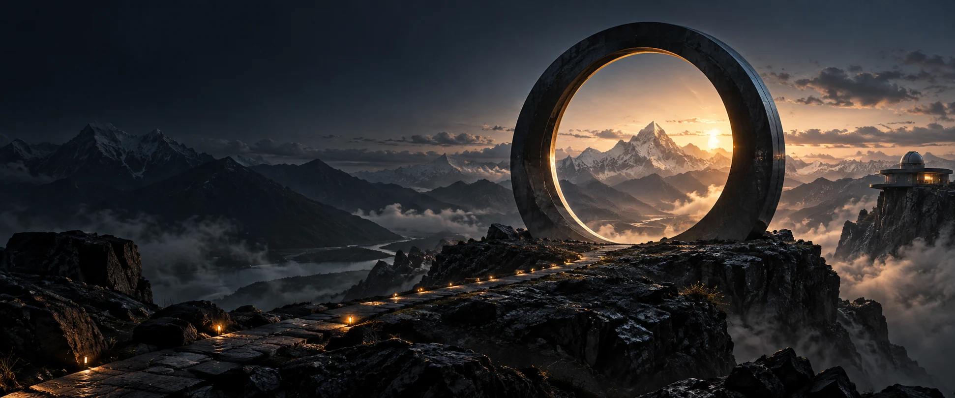 An imagined mountain landscape with a monumental circular threshold and an amber-lit path